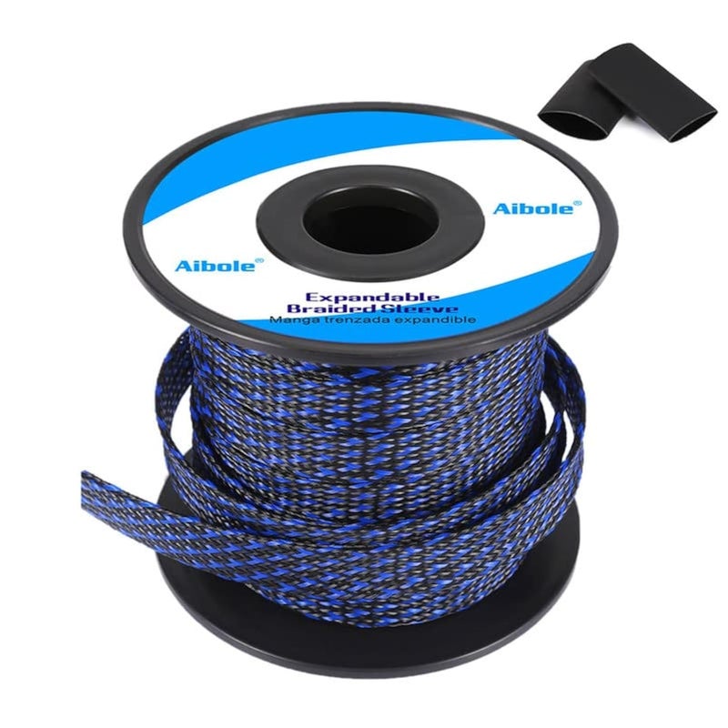Aibole 100Ft-3/8inch PET Expandable Braided Wire Sleeving,Wire Loom Cable Sleeve for TV,Computer,Home Theater,Automotive,Home Industrial,Electrical Wires,Chemical,Protect Cat from Chewing Cords,BlackBlue - Image 1
